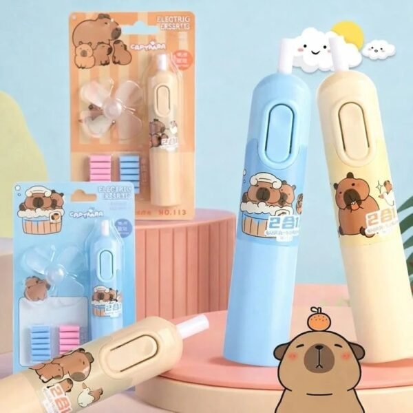 Electric Eraser Set with 12 Refills and Fan, Cute Capybara Design, Battery Operated,