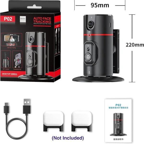 Auto Face Tracking Tripod, No App Required, 360° Rotation Body Phone Camera Mount Smart Shooting Holder for Live Vlog Streaming Video, Rechargeable Battery-Black