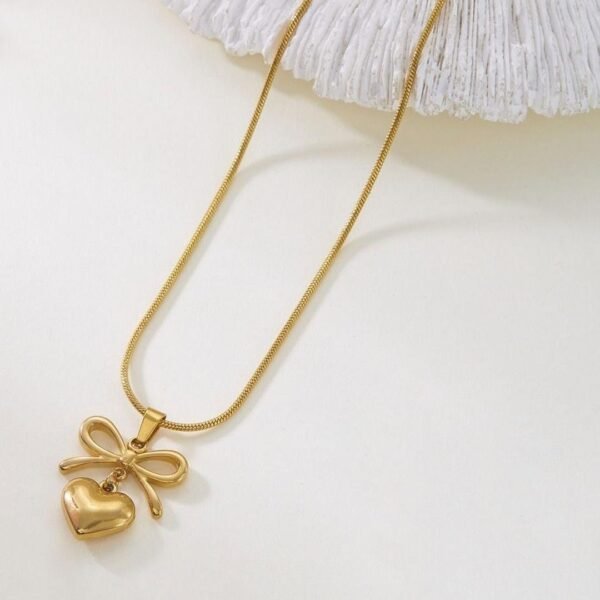 Gold Bow & Heart Pendant Snake Chain Necklace