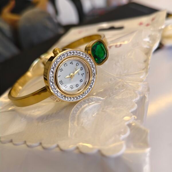 Elegant Gold-Tone Bangle Watch with Emerald Crystal Accent