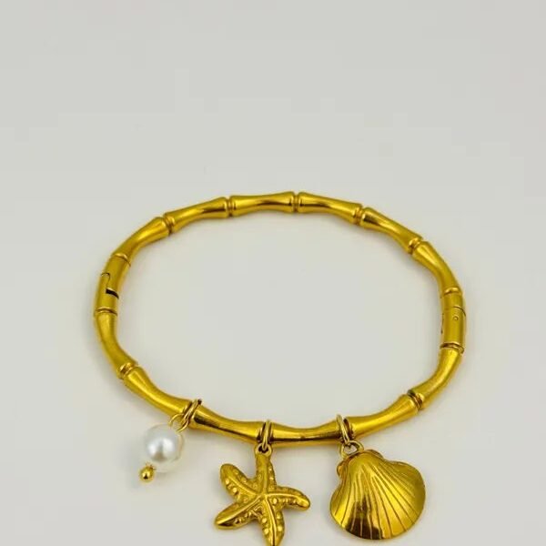 Gold Plated Stainless Steel Ocean Charm Bracelet Bangle With Pearl, Starfish & Seashell | Anti-Tarnish, Waterproof