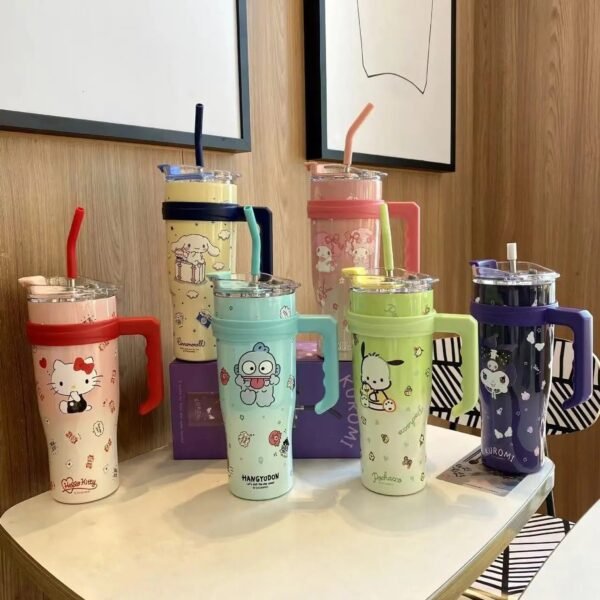 Sanrio Characters Insulated Stainless Steel Tumbler with Handle and Straw.
